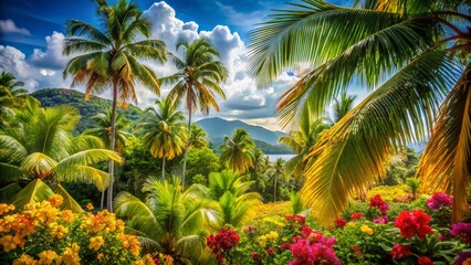 Vibrant Tropical Paradise: Palm Trees, Lush Foliage, Sunny Sky