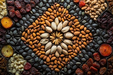 Geometric arrangement of organic seeds and nuts creating intricate patterns. Generative AI