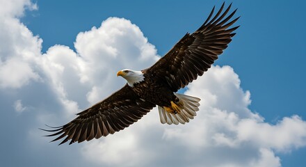 Obraz premium Majestic Bald Eagle Flying Freely Against a Cloudy Blue Sky