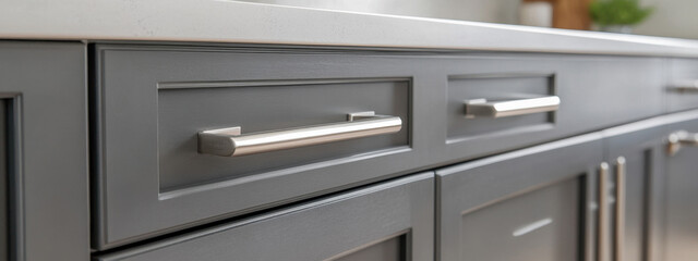 Fototapeta premium Close-up of modern gray kitchen cabinets with sleek, silver handles and a white countertop.