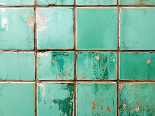 Mint-colored Ceramic Tiles Create a Vintage Ambience With Cracked Textures, Showcasing the Beauty of Aging in Interior Design. Generative AI