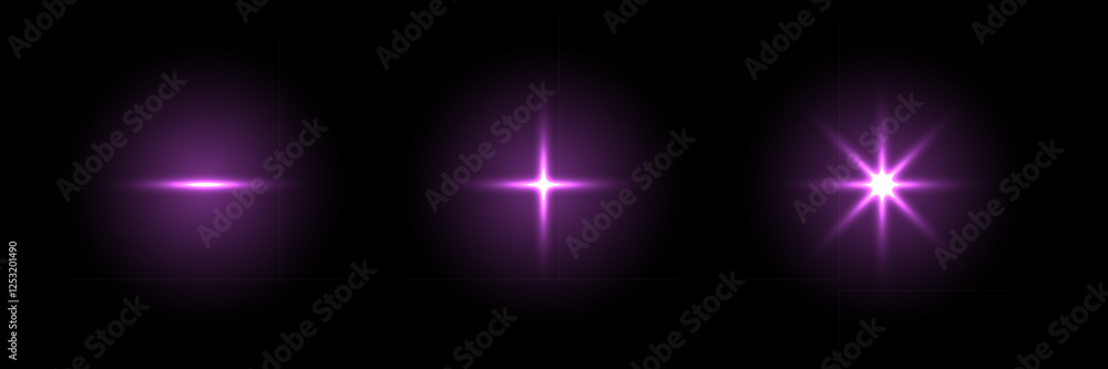 Aufkleber sparkle lights with flare effect. purple glared glow stars of different shapes on black background. 