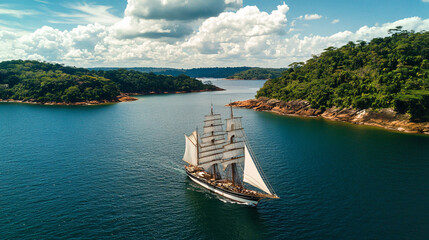 Obraz premium Elegant tall ship with full sails gliding through tranquil waters surrounded by green islands and a bright sky 