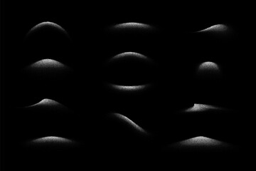 Salt powder splashes isolated on black background. Explosion of salt, sugar, flour or snow. White grain waves with shadow effect. Abstract vector illustration set