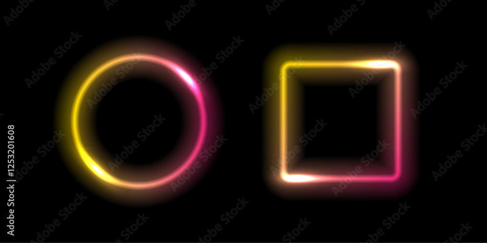 Poster neon glow round and square light frames. abstract light background. colored laser bright round and s