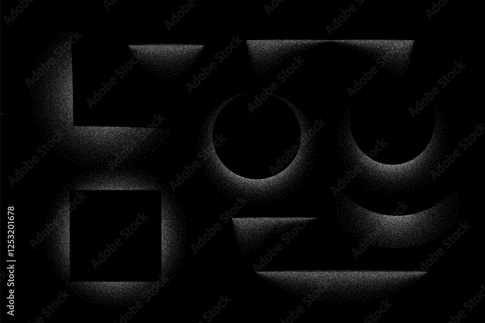 Poster shadows of round, square, line objects. halftone gradient light effects in geometric shapes on black