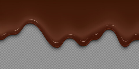 Dripping chocolate on transparent background. Glossy melted dark cream texture with smooth curves and highlights for dessert decoration. Food design. Realistic 3d vector illustration.