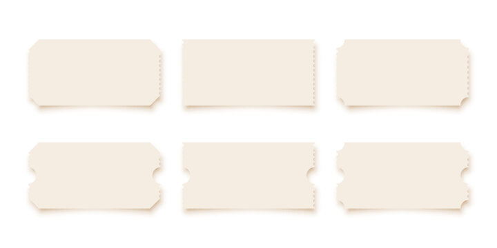 Cinema tickets. Mockups of paper blank theater or concert tickets, coupons, discount vouchers with text space isolated on transparent background. Realistic vector illustrations set.