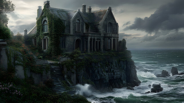 A crumbling castle on a cliff, where the wind howls through broken windows and the stone walls seem to groan with the weight of time.