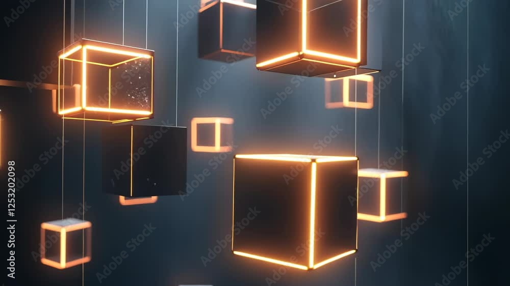 Poster hanging light cubes create a mesmerizing dance of illumination in a modern art installation at dusk.