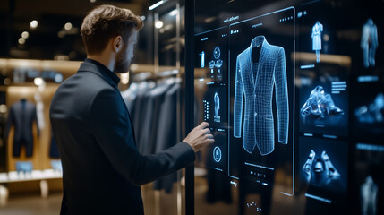 Stylish businessman using interactive touchscreen choosing digital clothes in futuristic clothing store