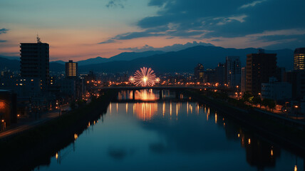 Fototapeta premium Beautiful Display of Colors at Nagaoka Fireworks Festival Illuminating the River and Skyline Under a Twilight Sky Filled With Wonder and Awe. Generative AI