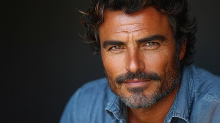 Fototapeta premium A man with a beard and glasses is wearing a blue shirt. He has a serious expression on his face