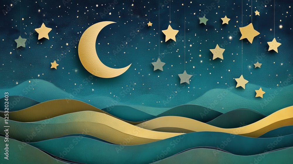 Wall mural retro-style milky way night sky landscape with glowing moon and stars, featuring vintage paper artwo