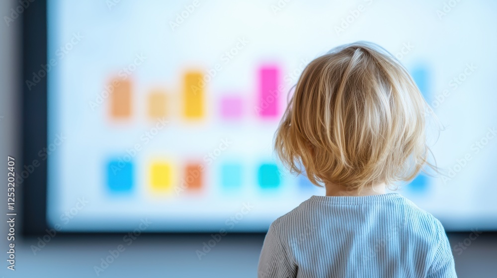 Poster young child observing colorful graphs displayed on a large screen