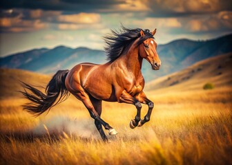Fototapeta premium Vintage Bay Horse Galloping Free in Open Field - Majestic Equine Run