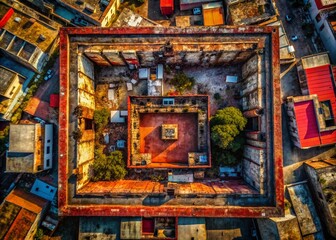 Obraz premium Vintage Black and Red Frame Drone Aerial Photography - Retro Style Cityscape