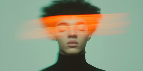  Retro portrait of a man with motion blur effect, orange light stripe on face, blue-gray background. Vintage shooting, fashion show, modern stylish clothes