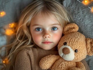 young girl beams happiness as she tightly holds her new plush toy against backdrop of soft golden fairy lights capturing magic of Eid al Fitr celebration and family traditions.