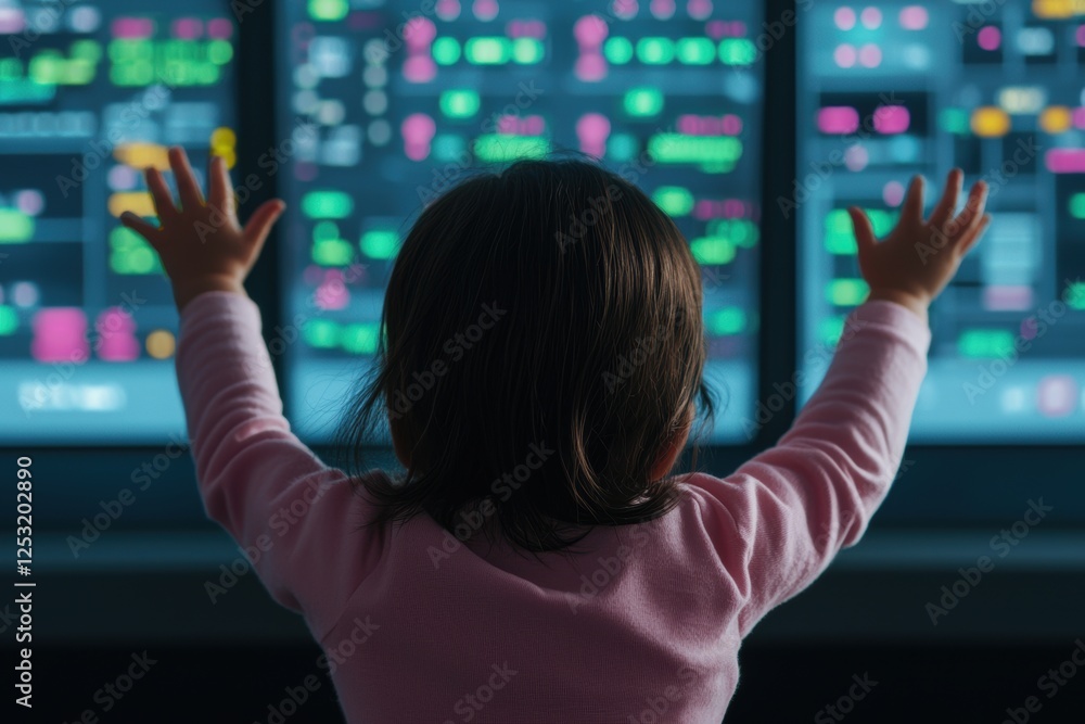 Poster child interacting with digital screen full of colorful data displays and graphics