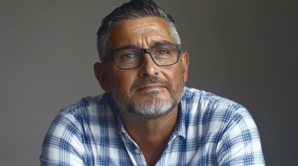 Obraz premium A man with glasses and a beard is sitting with his head tilted. He is wearing a blue plaid shirt