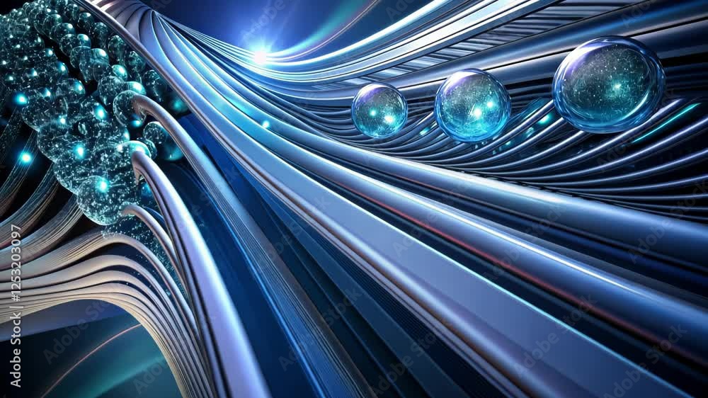 Poster exploration of shimmering curves and celestial spheres in a futuristic landscape rich with color and