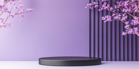 minimalistic black podium against solid violet background, adorned with delicate purple flowers, creates serene and elegant atmosphere