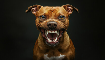Obraz premium Fierce pitbull baring sharp teeth, growling menacingly against dark background, displaying threatening canine body language