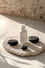 Minimalist skincare bottle mockup with natural shadows and organic stones.