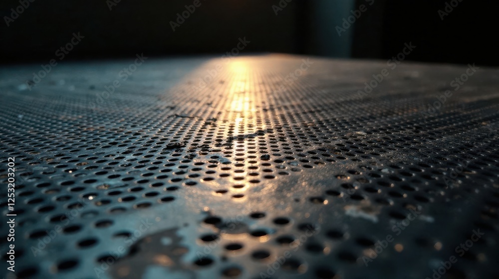 Poster illuminated perforated metal surface a close-up view showing light reflecting on a dark, textured sh