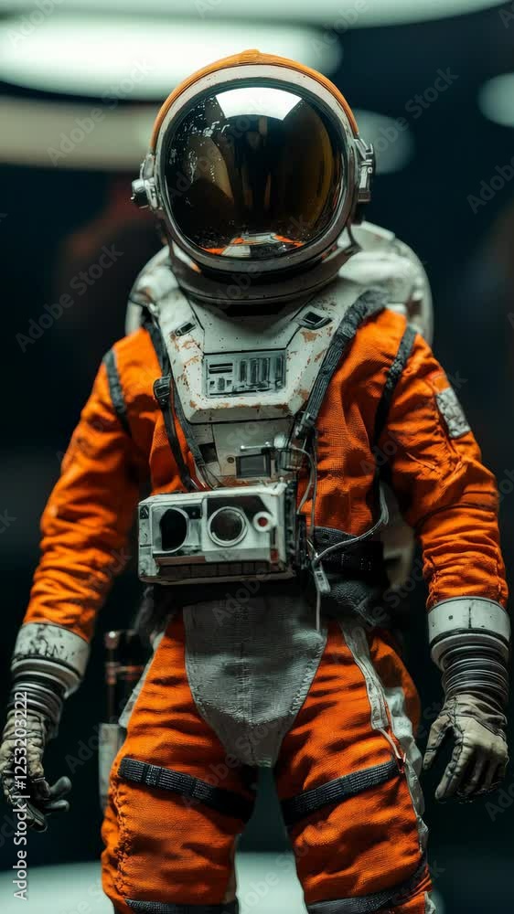 Poster highly skilled astronaut in vibrant orange spacesuit posing full-length, gazing directly forward dur