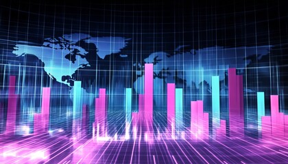 Global Financial Data Visualization, Abstract Blue World Map, Glowing Pink and Cyan Bar Graphs