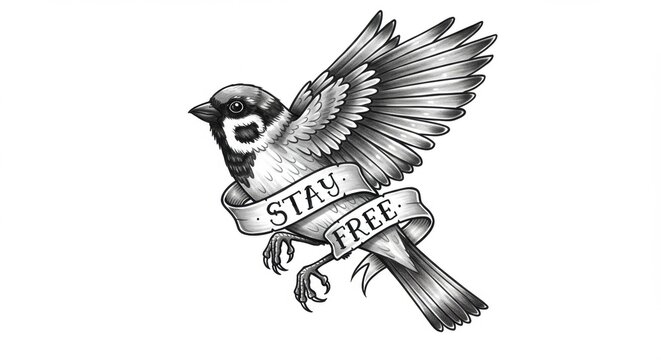 A detailed illustration of a sparrow in flight with a banner reading 'Stay Free', symbolizing freedom