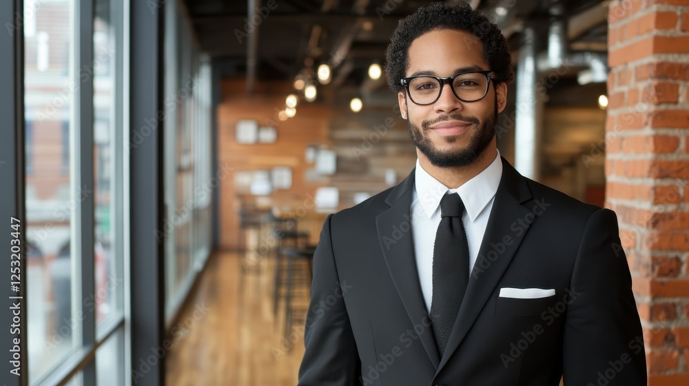 Aufkleber a man in a suit and tie stands in front of a window. he is smiling and looking directly at the camer