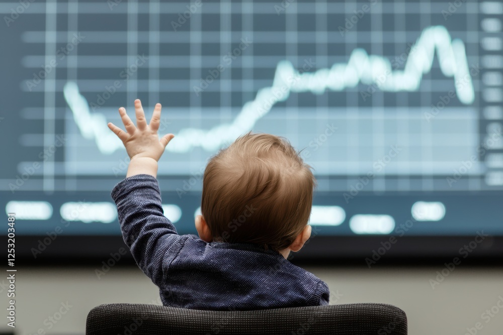 Poster baby exploring data trends and analytics on a screen in modern office setting