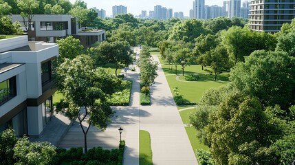 Obraz premium Aerial view of lush urban park with pathways and modern buildings under a clear blue sky.