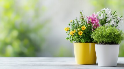 Colorful potted flowers on table, spring garden background, home decor