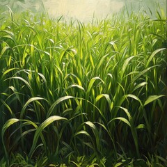 Lush green grass field captured in early morning light with dewdrops glowing