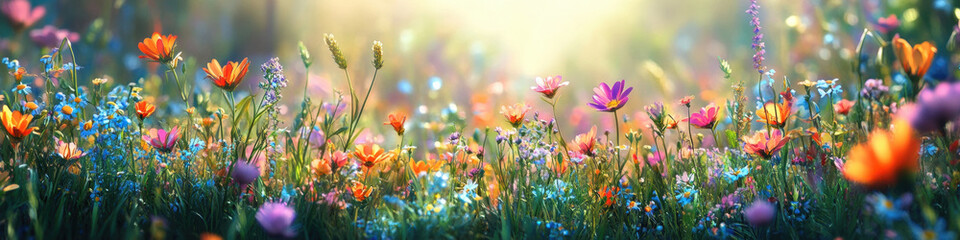Vibrant wildflower meadow glowing under golden sunset light, capturing summer's serene natural beauty with colorful blossoming landscape