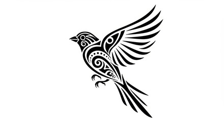 Obraz premium Stylized black bird with intricate tribal patterns, soaring against a white background, symbolizing freedom