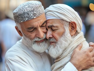 Close up of Imam comforting grieving man in mosque sharing words of support and offering prayers during meaningful Eid al Fitr celebration.