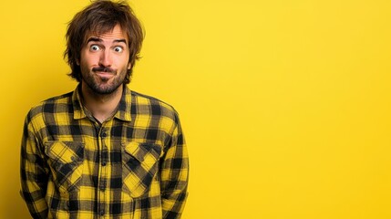 Fototapeta premium A man with a plaid shirt and a beard is looking at the camera with a surprised expression