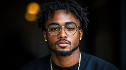 Fototapeta premium A man with glasses and a beard is standing in front of a dark background. He is wearing a black shirt and a gold chain