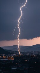 Bright Lightning Strike Over Night Cityscape