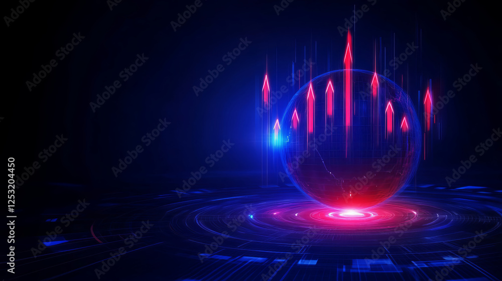 Poster conceptual financial design featuring glowing globe with upward arrows, symbolizing growth and progr