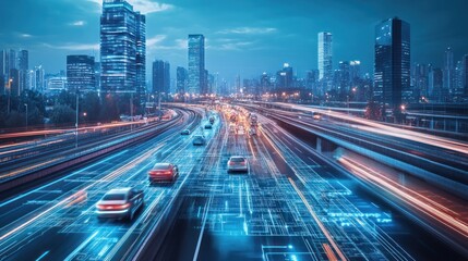 Fototapeta premium Smart City Highway Network With Autonomous Vehicles At Night