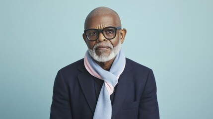A man with glasses and a blue scarf is sitting in front of a blue wall. He looks serious and focused
