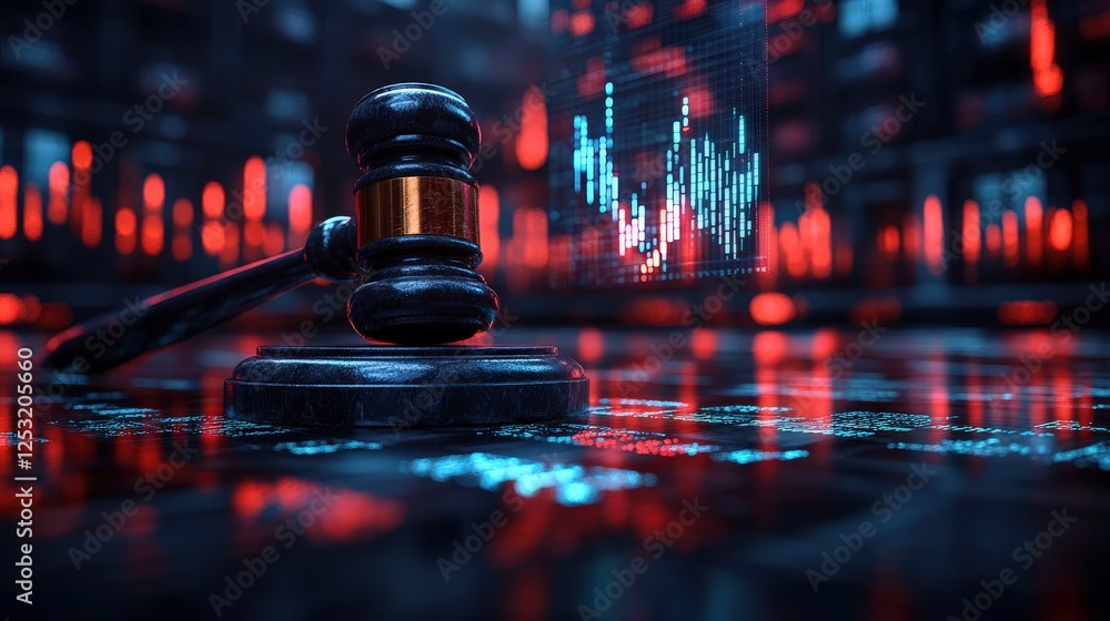 Poster a gavel resting on a digital surface with glowing data visualizations in a modern courtroom setting