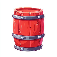 A colorful cartoon-style red barrel, designed with wooden textures and metal bands, ideal for illustrating themes of leisure, festivities, or rustic charm in creative projects.