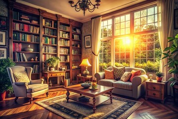 Vintage Home Interior: Cozy Living Room with Sunlit Window